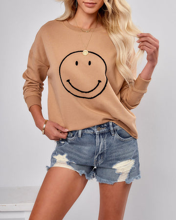 Show That Smile Cotton Blend Embroidered Pullover - Taupe