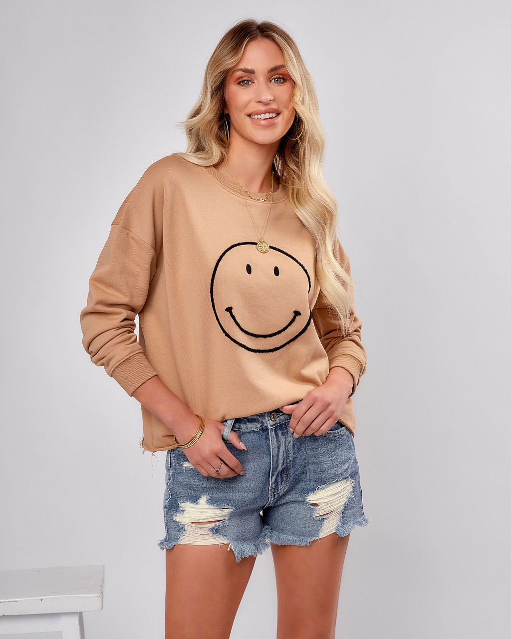 Show That Smile Cotton Blend Embroidered Pullover - Taupe