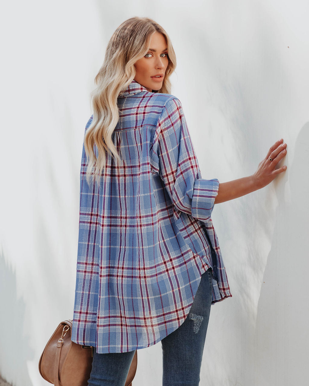 Vindy Cotton Blend Pocketed Plaid Henley Top - Blue