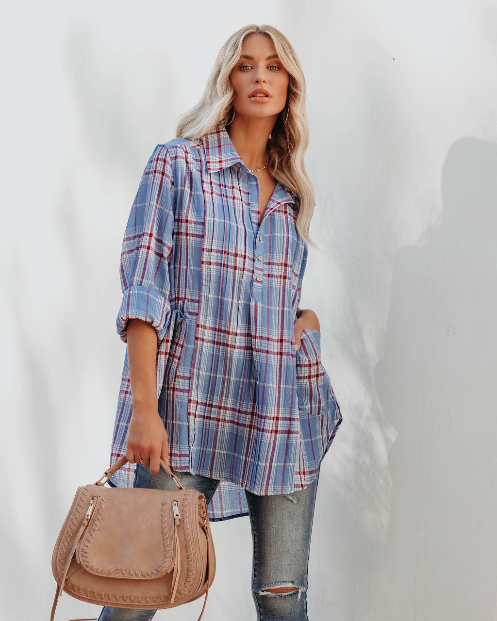 Vindy Cotton Blend Pocketed Plaid Henley Top - Blue