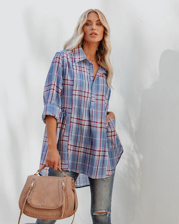Vindy Cotton Blend Pocketed Plaid Henley Top - Blue