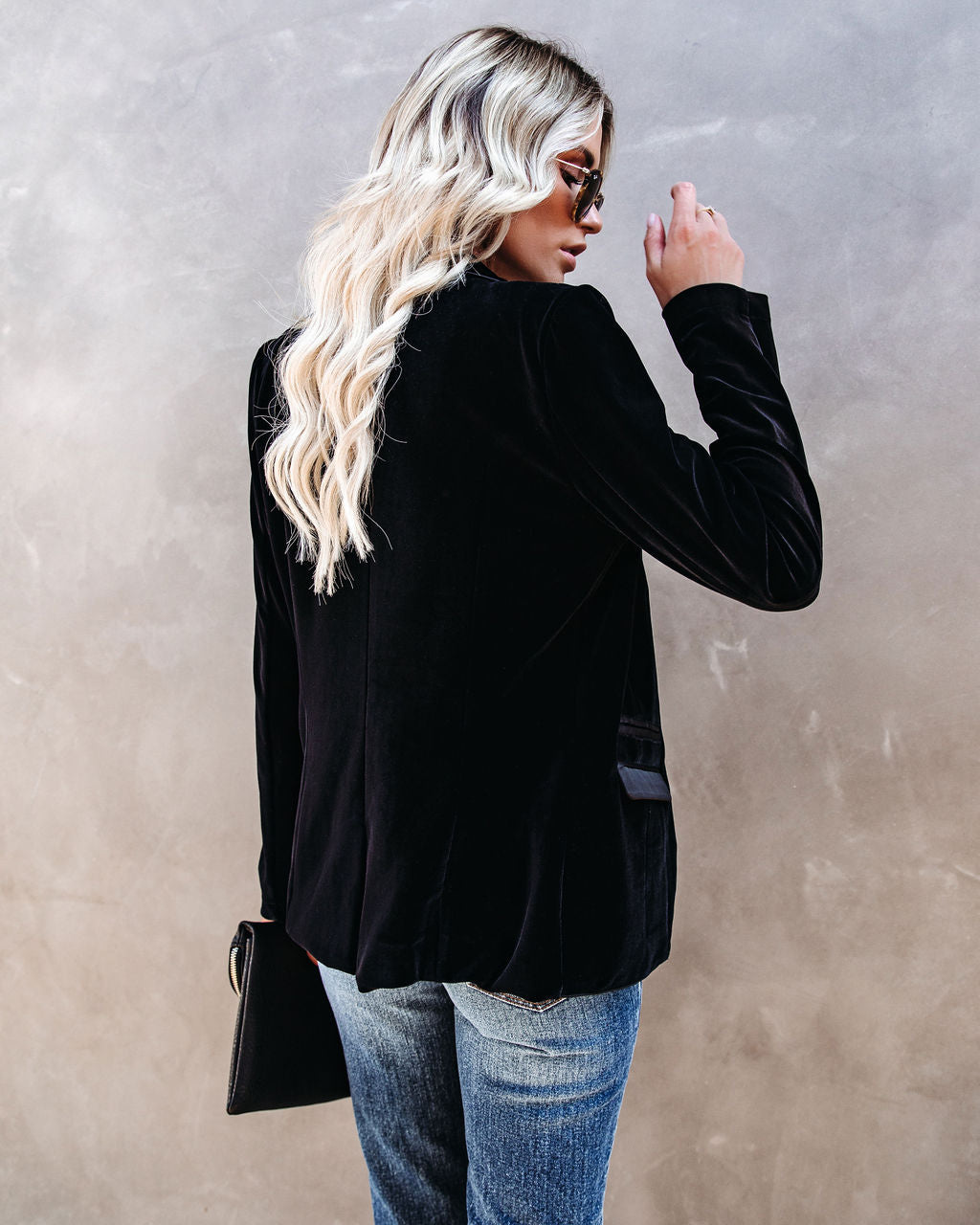Wine Me And Dine Me Pocketed Velvet Blazer - Black