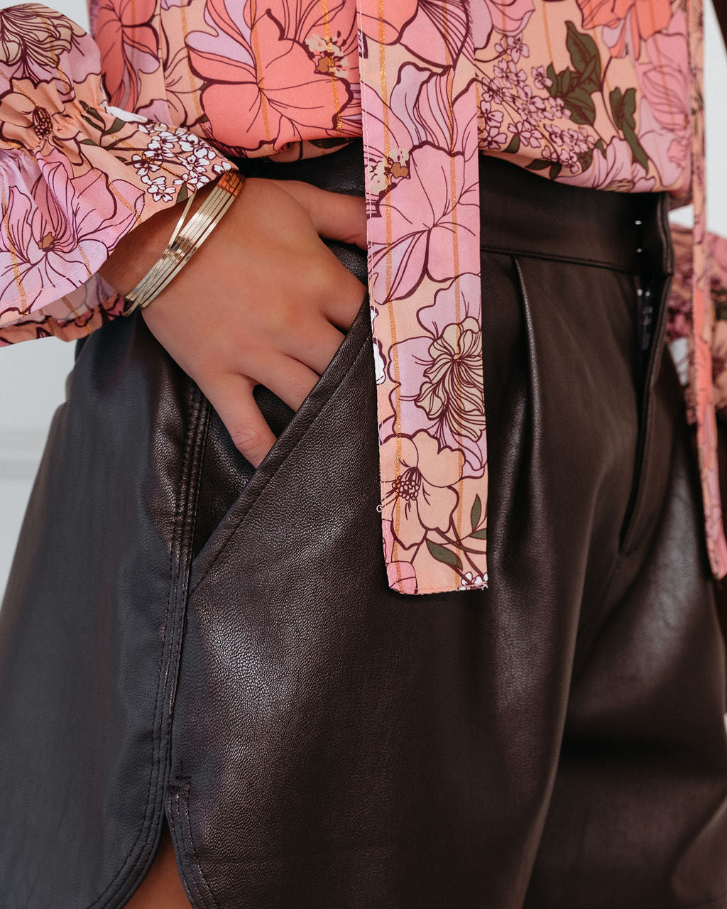 Mari Pocketed High Rise Faux Leather Shorts - Brown